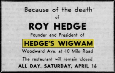 Hedges Wig Wam Restaurant - Apr 1955 Notice Regarding Roy Hedge Death